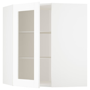 METOD Corner wall cab w shelves/glass dr, white Enköping/white wood effect, 68x80 cm
