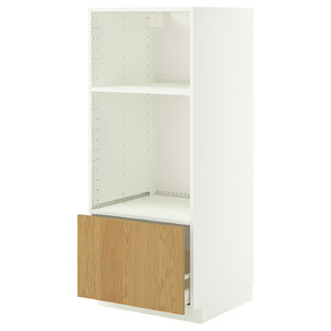 METOD / MAXIMERA High cab for oven/micro w drawer, white/Sinarp oak veneer, 60x60x140 cm