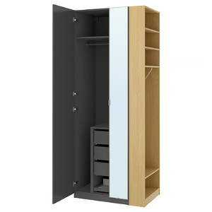 PAX / FORSAND/ÅHEIM Wardrobe combination, dark grey dark grey/mirror glass oak effect, 95x60x236 cm