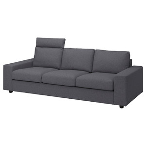 VIMLE 3-seat sofa, with headrest with wide armrests/Gunnared medium grey