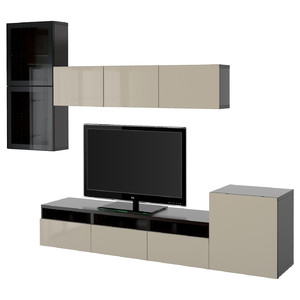 BESTÅ TV storage combination/glass doors, black-brown/Selsviken high-gloss/beige clear glass, 300x42x211 cm