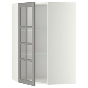 METOD Corner wall cab w shelves/glass dr, white/Bodbyn grey, 68x100 cm