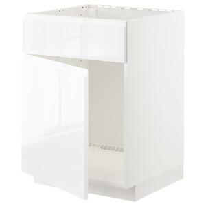 METOD Base cabinet f sink w door/front, white/Voxtorp high-gloss/white, 60x60 cm
