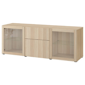 BESTÅ Storage combination with drawers, white stained oak effect Lappviken/Sindvik white stained oak eff clear glass, 180x42x65 cm