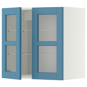METOD Wall cabinet w shelves/2 glass drs, white/Lerhyttan blue, 60x60 cm