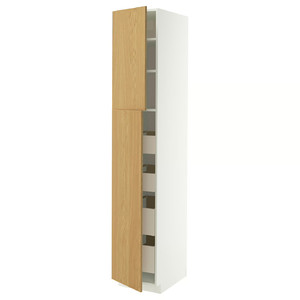 METOD / MAXIMERA Hi cab w 2 doors/4 drawers, white/Sinarp oak veneer, 40x60x220 cm