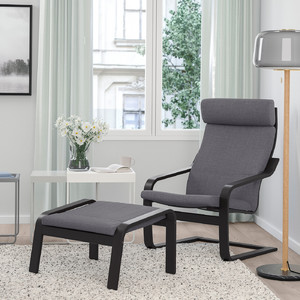 POÄNG Armchair and footstool, black-brown/Skiftebo dark grey