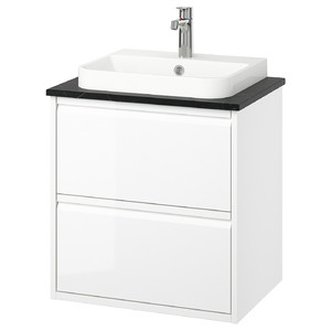 ÄNGSJÖN / BACKSJÖN Wash-stnd w drawers/wash-basin/tap, high-gloss white/black marble effect, 62x49x71 cm