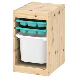 TROFAST Storage combination with box/trays, light white stained pine turquoise/white, 32x44x52 cm