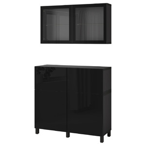 BESTÅ Storage combination w doors/drawers, black-brown/Selsviken/Stubbarp high-gloss/black clear glass, 120x42x213 cm