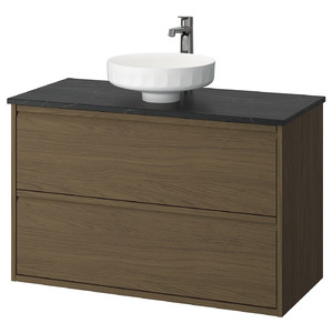 ÄNGSJÖN / LERSJÖN Wash-stnd w drawers/wash-basin/tap, brown oak effect/black marble effect, 102x49x79 cm