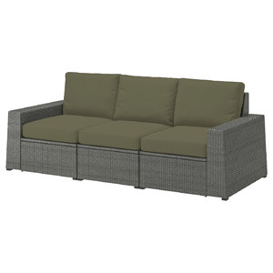 SOLLERÖN 3-seat modular sofa, outdoor, dark grey/Frösön/Duvholmen dark beige-green, 223x82x88 cm