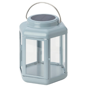SOLVINDEN LED solar-powered table lamp, lantern/light blue, 17 cm