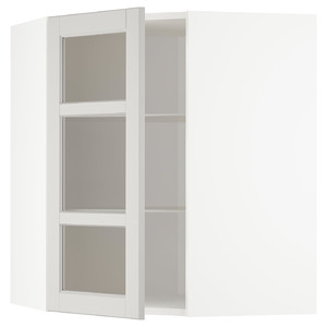 METOD Corner wall cab w shelves/glass dr, white/Lerhyttan light grey, 68x80 cm