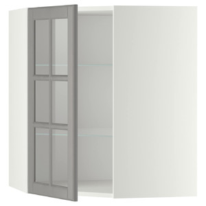 METOD Corner wall cab w shelves/glass dr, white/Bodbyn grey, 68x80 cm