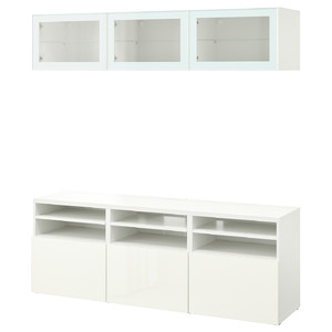 BESTÅ TV storage combination/glass doors, white/Selsviken high-gloss/white clear glass, 180x42x192 cm