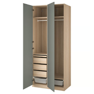 PAX / REINSVOLL Wardrobe combination, white stained oak effect, grey-green, 100x60x236 cm