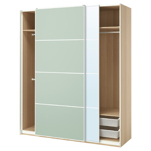 PAX / MEHAMN/AULI Wardrobe with sliding doors, white stained oak effect double sided/light green mirror glass, 200x66x236 cm