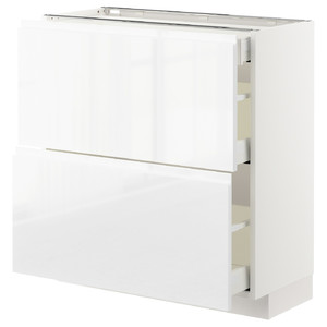 METOD / MAXIMERA Base cab with 2 fronts/3 drawers, white/Voxtorp high-gloss/white, 80x37 cm