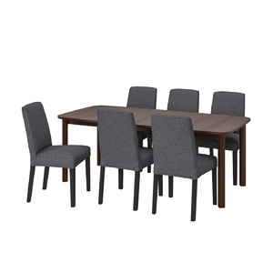 STRANDTORP / BERGMUND Table and 6 chairs, brown/Gunnared medium grey, 150/205/260 cm