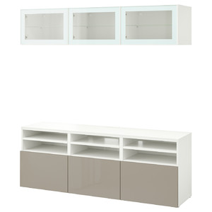 BESTÅ TV storage combination/glass doors, white/Selsviken high gloss/beige clear glass, 180x42x192 cm