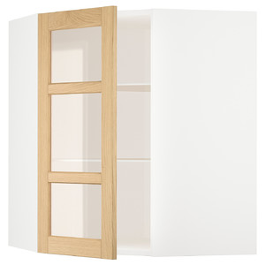METOD Corner wall cab w shelves/glass dr, white/Forsbacka oak, 68x80 cm