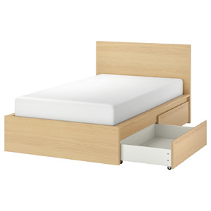 MALM Bed frame, high, w 2 storage boxes, white stained oak veneer/Lönset, 120x200 cm