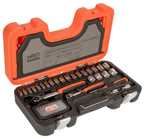 BAHCO 1/4" and 3/8" Square Drive Socket Set with Metric Hex Profile and Slim Head Ratchet Tools Set 91 Pcs