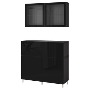 BESTÅ Storage combination w doors/drawers, black-brown/Selsviken/Ösarp high-gloss/black clear glass, 120x42x213 cm