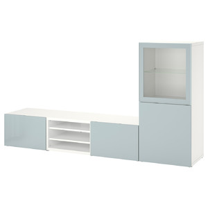 BESTÅ TV storage combination/glass doors, white Glassvik/Selsviken light grey-blue, 240x42x129 cm