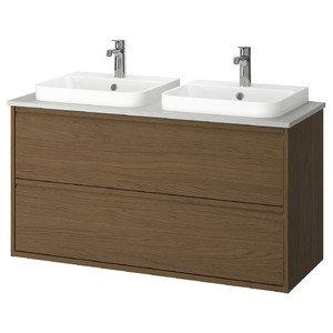 ÄNGSJÖN / BACKSJÖN Wash-stnd w drawers/wash-basin/taps, brown oak effect/grey stone effect, 122x49x71 cm