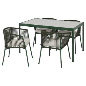 SEGERÖN Table + 4 chairs with armrests, outdoor dark green/Frösön/Duvholmen beige, 147 cm