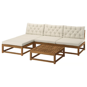 NÄMMARÖ 3-seat conversation set, outdoor light brown stained/Kuddarna light grey-beige, 243 cm