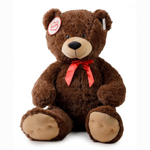 Soft Plush Toy Teddy Bear with Red Bow, dark brown