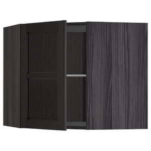 METOD Corner wall cab w shelves/glass dr, black/Lerhyttan black stained, 67.5x67.5x60 cm