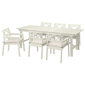 BONDHOLMEN Table+6 chairs w armrests, outdoor, white/beige/Frösön/Duvholmen beige