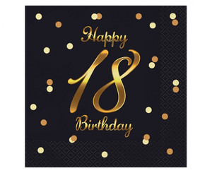 Napkins Happy 18 Birthday, black/gold, 33x33cm, 20pcs