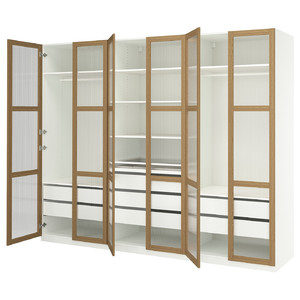 PAX / TONSTAD Wardrobe combination, white/oak veneer glass, 300x60x236 cm