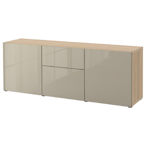 BESTÅ Storage combination with drawers, white stained oak effect/Selsviken high-gloss/beige, 180x42x65 cm