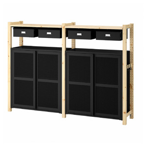 IVAR 2 sections/shelves/cabinets, pine/black mesh, 175x30x124 cm