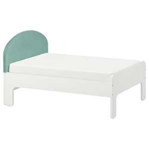 SLÄKT Ext bed frame with slatted bed base, white/pale turquoise, 80x200 cm
