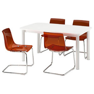 STRANDTORP / TOBIAS Table and 4 chairs, white/brown/red chrome-plated, 150/205/260 cm