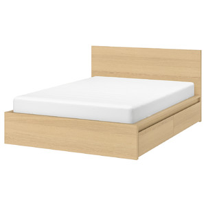 MALM Bed frame, high, w 2 storage boxes, white stained oak veneer, Leirsund, 140x200 cm