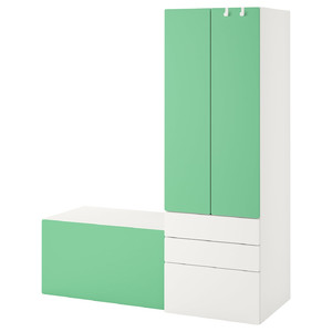 SMÅSTAD / PLATSA Storage combination, white green/with bench, 150x57x181 cm