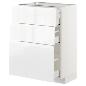 METOD / MAXIMERA Base cabinet with 3 drawers, white, Voxtorp high-gloss white, 60x37 cm