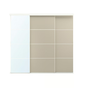SKYTTA / MEHAMN/AULI Sliding door combination, white double sided/grey-beige mirror glass, 251x240 cm