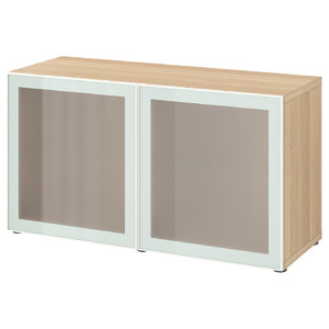 BESTÅ Shelf unit with glass doors, white stained oak effect Glassvik/white/light green frosted glass, 120x42x64 cm