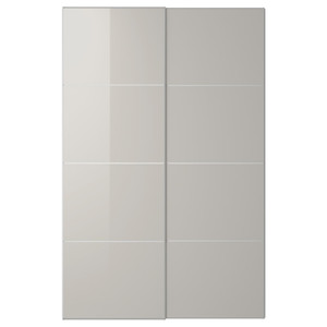 HOKKSUND Pair of sliding doors, high-gloss light grey, 150x236 cm