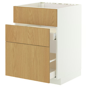 METOD / MAXIMERA Base cab f sink+3 fronts/2 drawers, white/Sinarp oak veneer, 60x60 cm