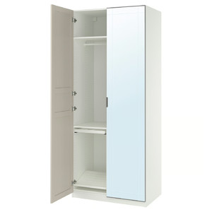 PAX / KAMMARTORP/FLISBERGET Wardrobe combination, white mirror glass/grey light beige, 100x60x236 cm